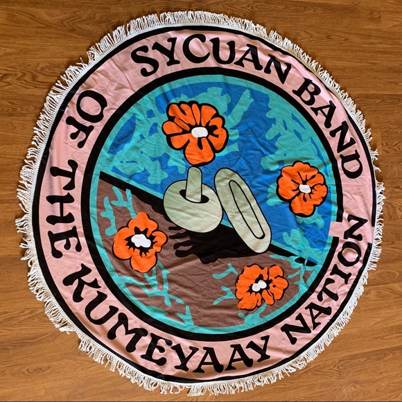 Vintage Sycuan Band of the Kumeyaay Nation Mushroom & Flower Round Beach Towel - Picture 1 of 3